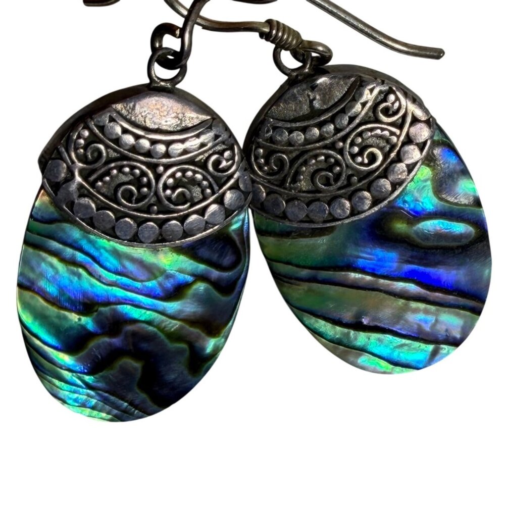 Bali Design Abalone Shell Dangle Earrings Sterling Silver 925 Oval